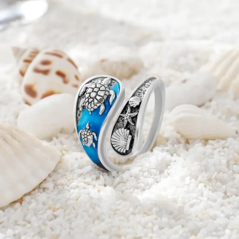 Boho Sea Turtle & Shell Open Ring