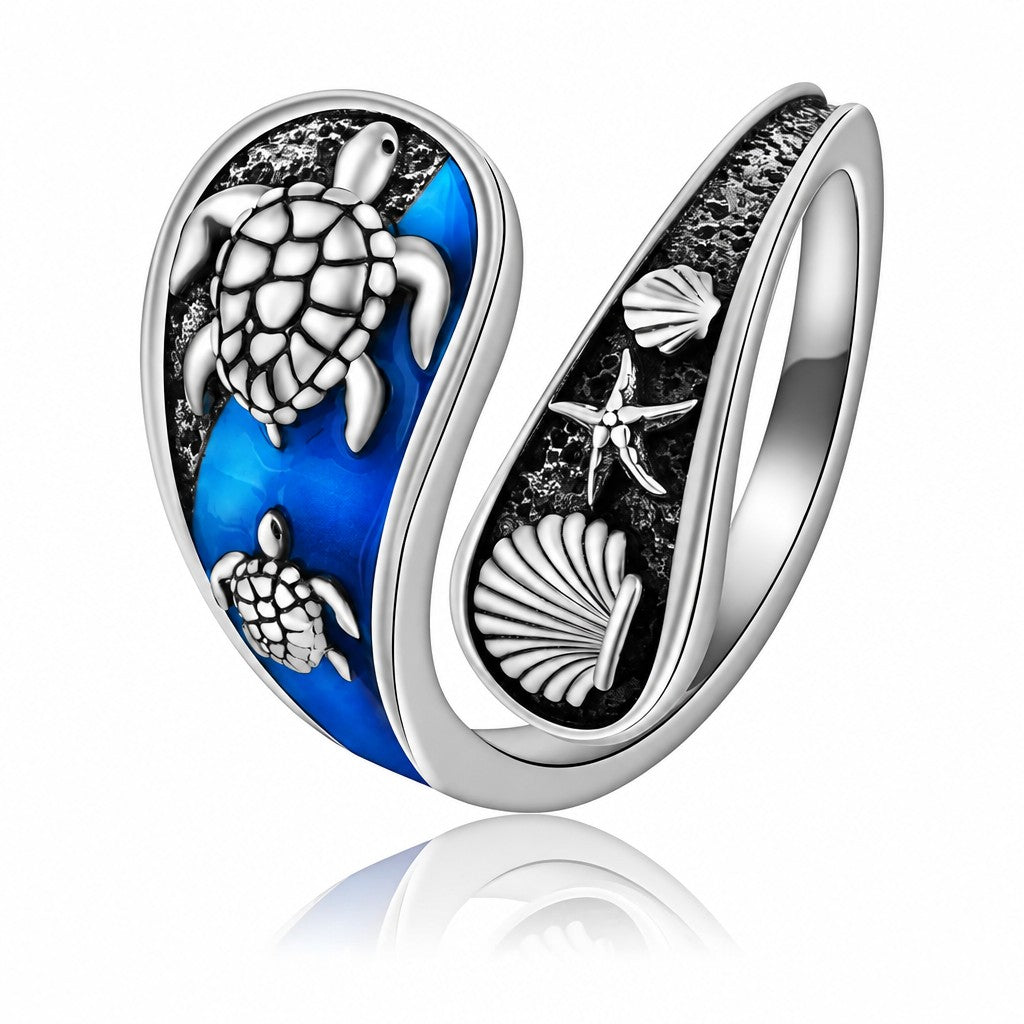 Boho Sea Turtle & Shell Open Ring