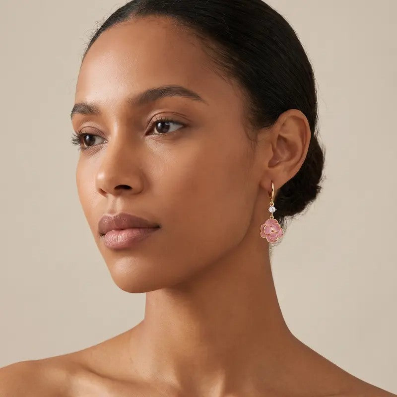 Elegant Pink Camellia Drop Earrings