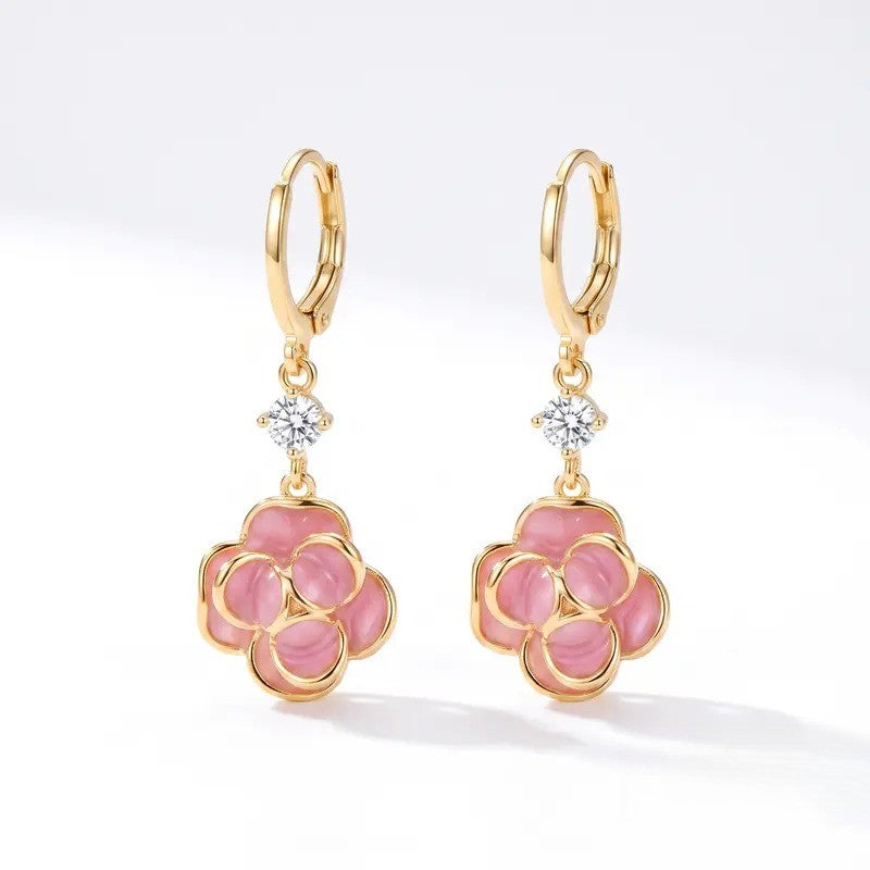 Elegant Pink Camellia Drop Earrings