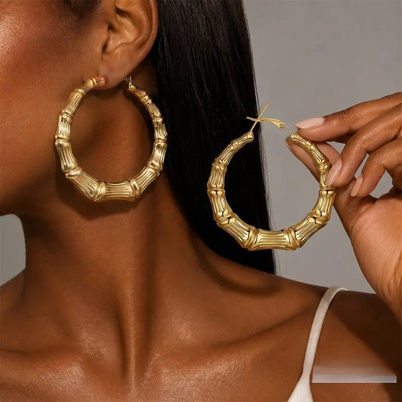14k Boho Bamboo Segment Hoop Earrings