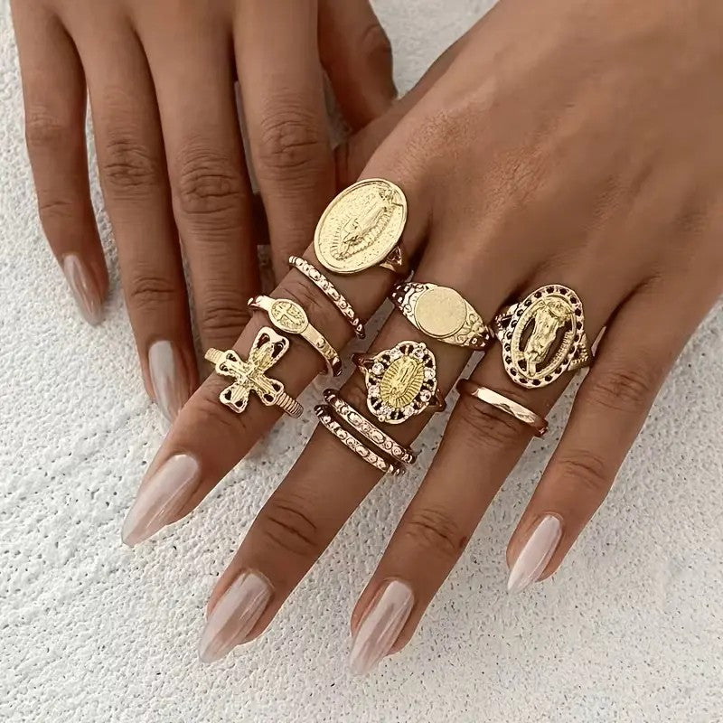 10pc Boho Religious Medallion & Cross Ring Set