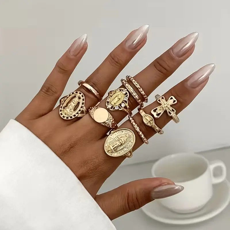 10pc Boho Religious Medallion & Cross Ring Set
