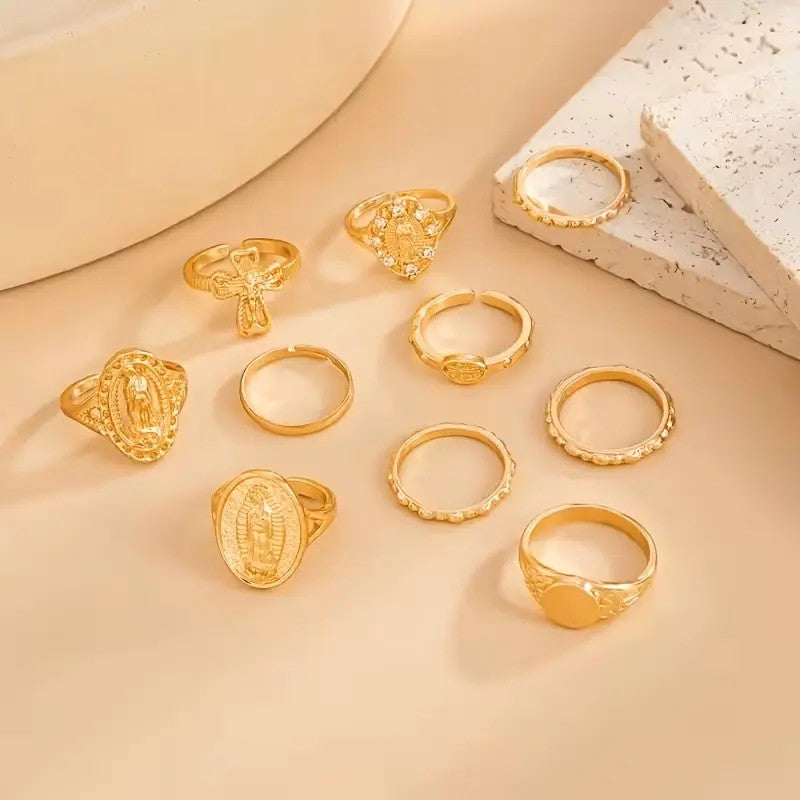 10pc Boho Religious Medallion & Cross Ring Set