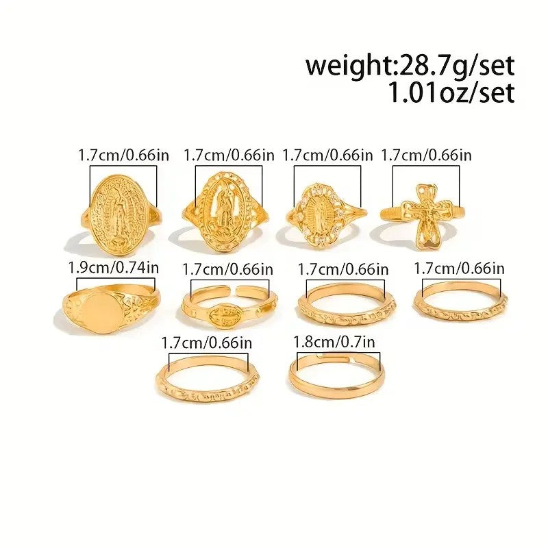 10pc Boho Religious Medallion & Cross Ring Set