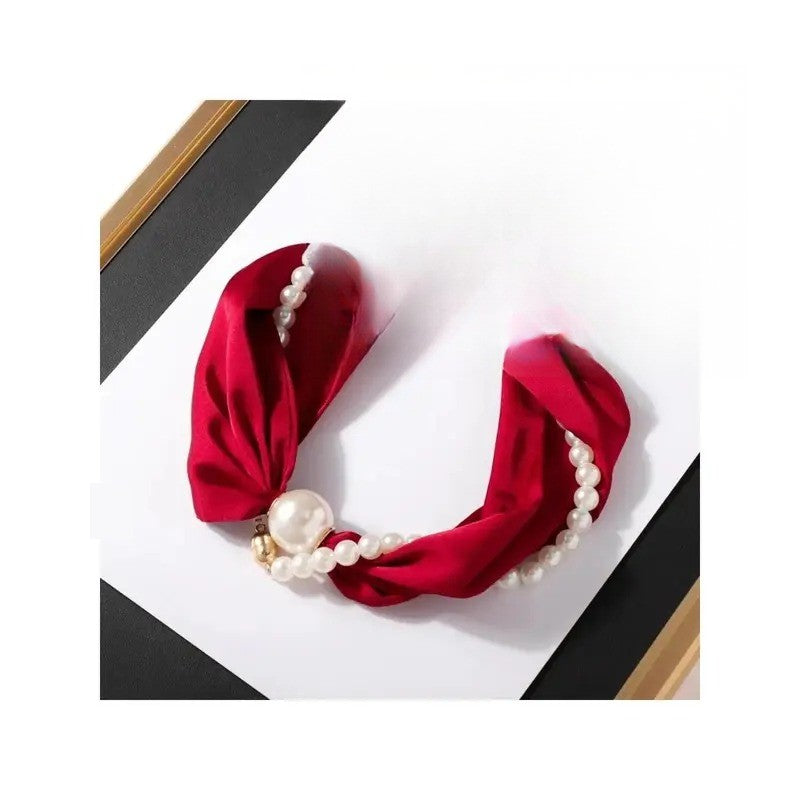 Romantic Red Satin Pearl Scarf Necklace