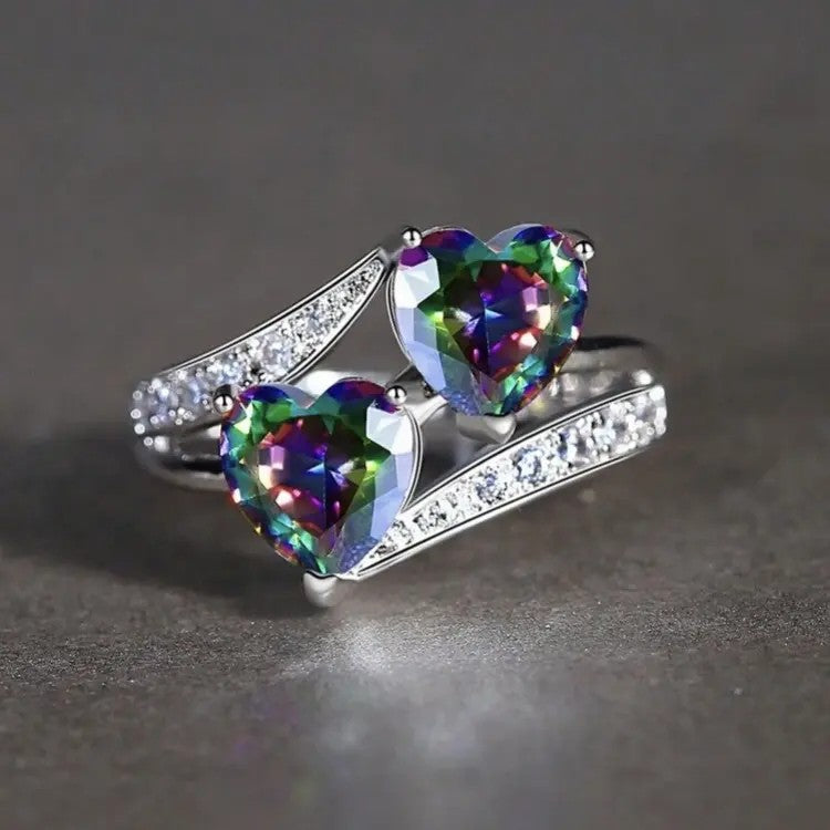 Romantic Dual Rainbow Heart Ring