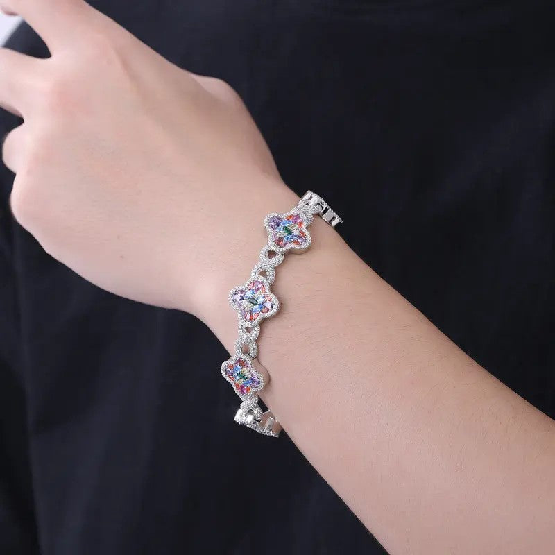 Elegant Multicolor Pave Clover Bracelet