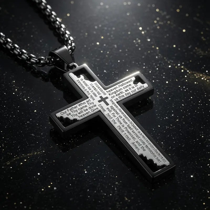 Glossy Lord's Prayer Cross Necklace