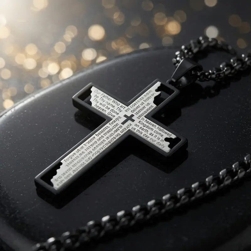 Glossy Lord's Prayer Cross Necklace