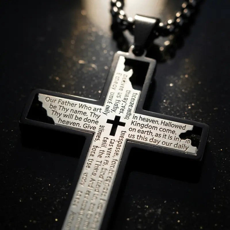 Glossy Lord's Prayer Cross Necklace