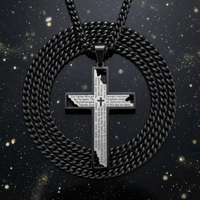 Glossy Lord's Prayer Cross Necklace