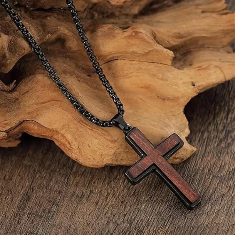 Classy Wood Grain Cross Necklace