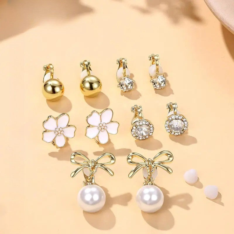9pc 14k Dainty CZ Pearl & Knot Clip Earring Set