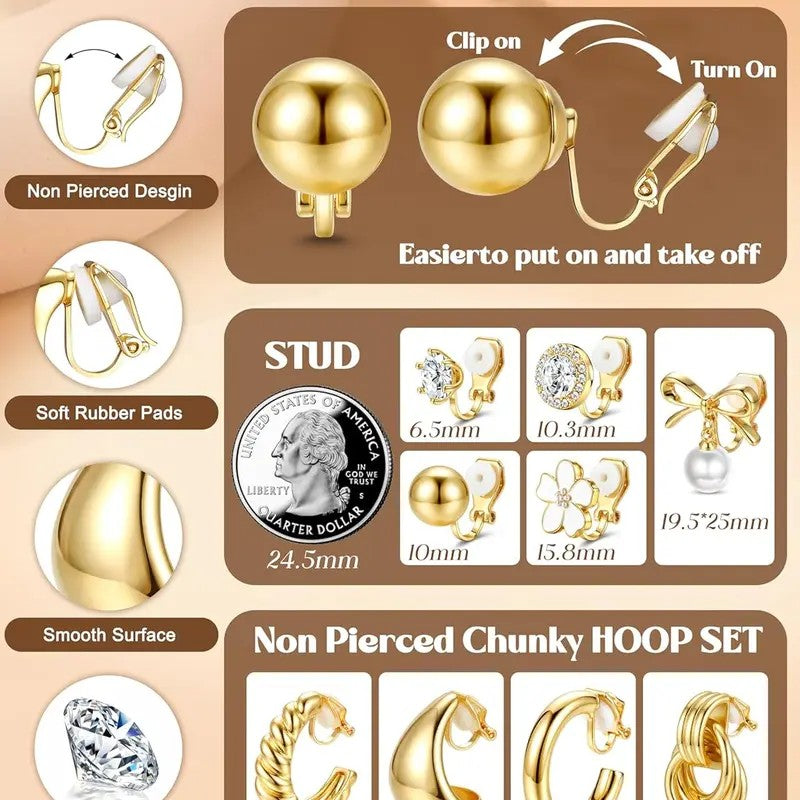 9pc 14k Dainty CZ Pearl & Knot Clip Earring Set