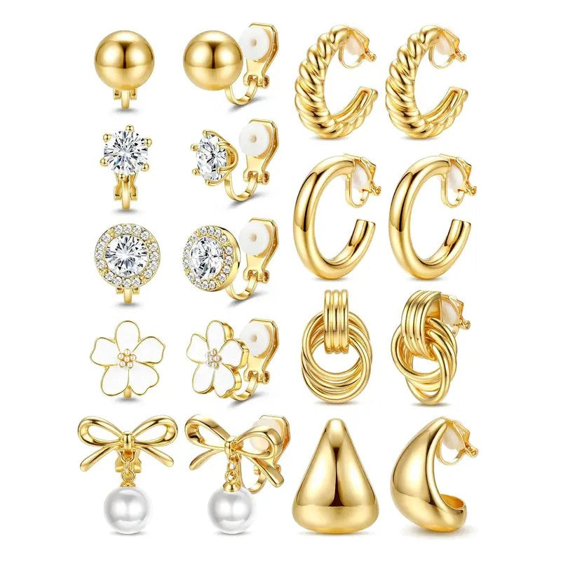 9pc 14k Dainty CZ Pearl & Knot Clip Earring Set