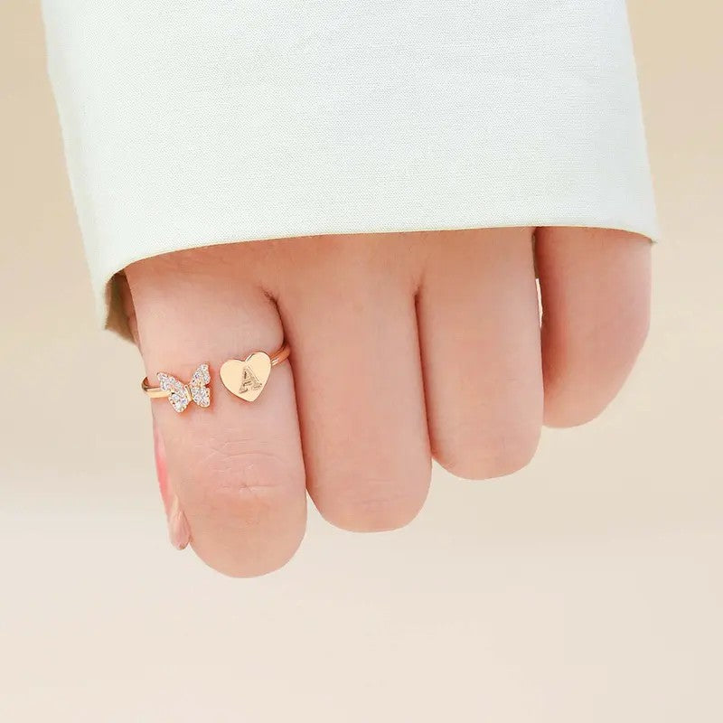 Dainty Adjustable Butterfly Heart Initial Ring