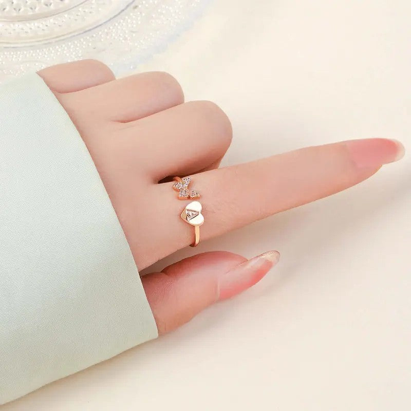 Dainty Adjustable Butterfly Heart Initial Ring