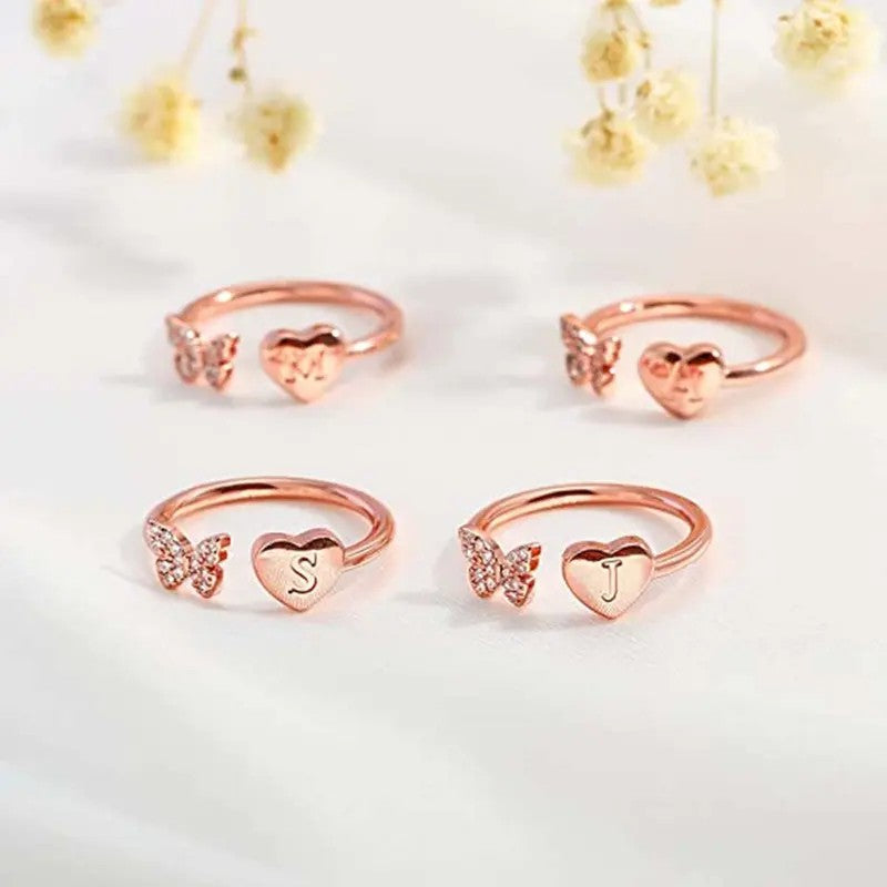 Dainty Adjustable Butterfly Heart Initial Ring