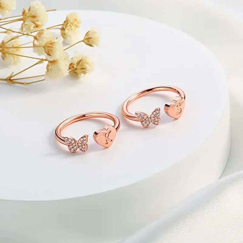 Dainty Adjustable Butterfly Heart Initial Ring