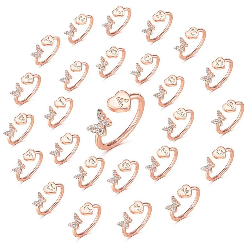 Dainty Adjustable Butterfly Heart Initial Ring
