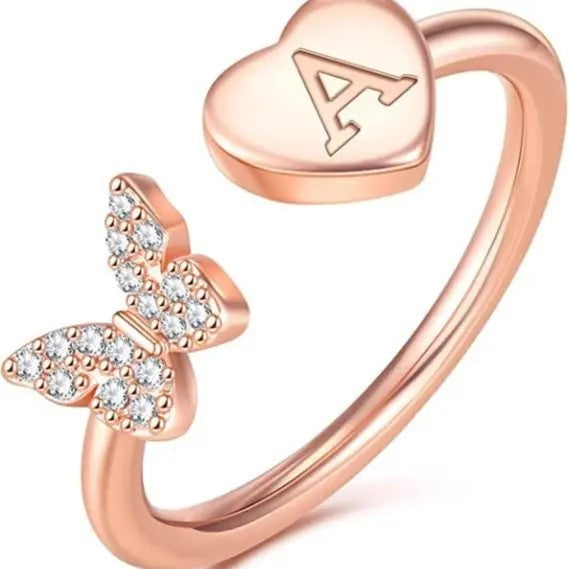 Dainty Adjustable Butterfly Heart Initial Ring
