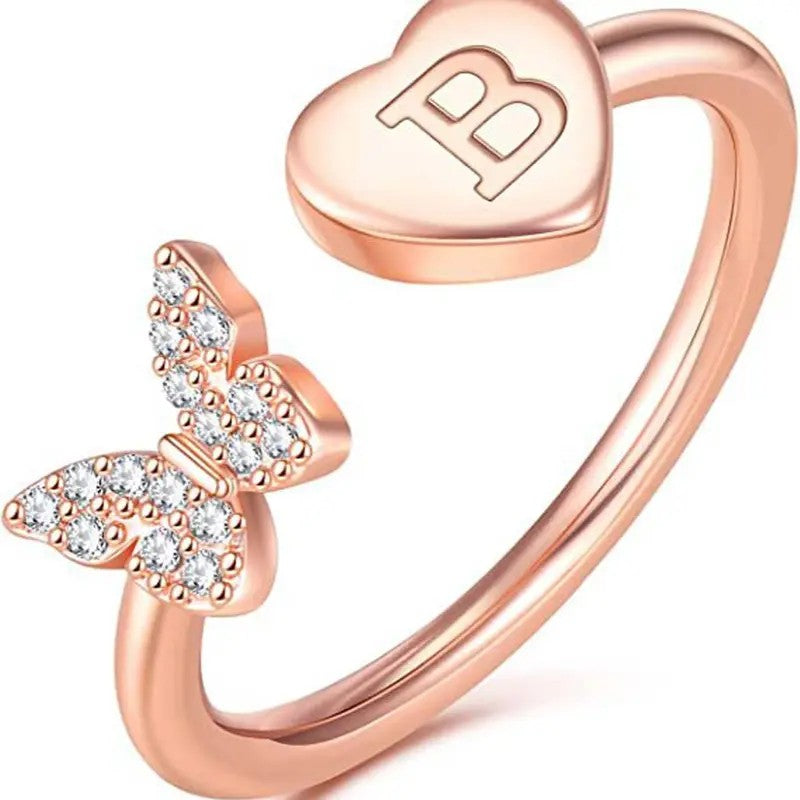 Dainty Adjustable Butterfly Heart Initial Ring