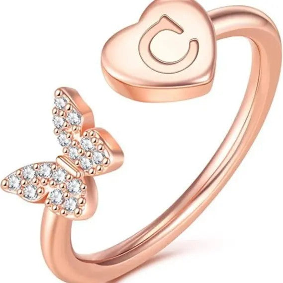 Dainty Adjustable Butterfly Heart Initial Ring