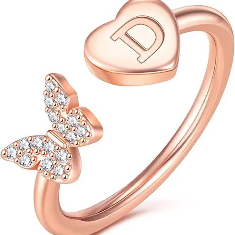 Dainty Adjustable Butterfly Heart Initial Ring