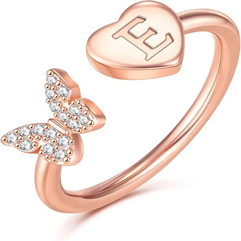 Dainty Adjustable Butterfly Heart Initial Ring