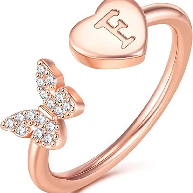 Dainty Adjustable Butterfly Heart Initial Ring