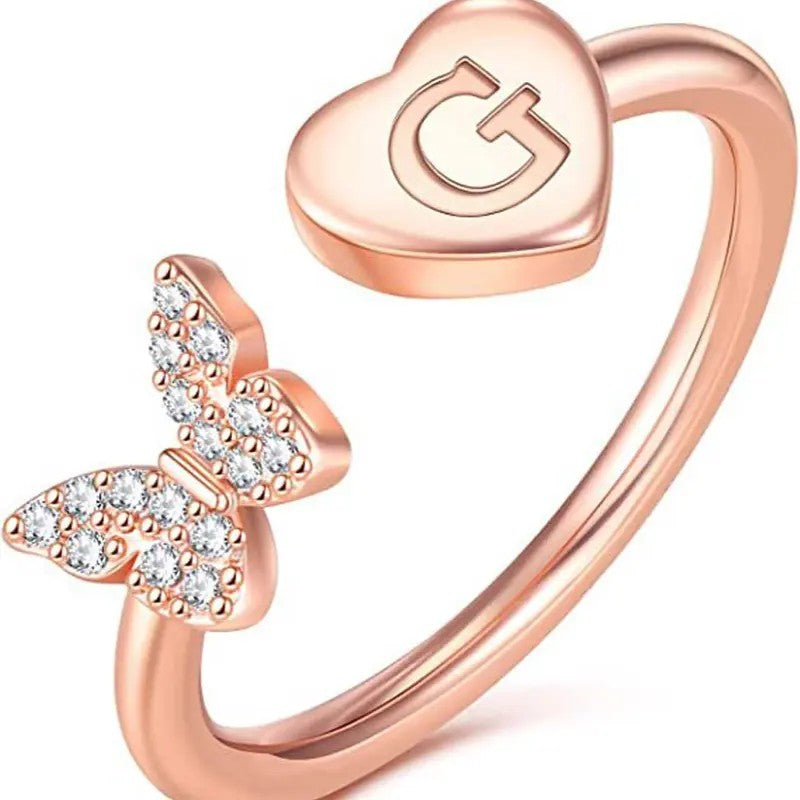 Dainty Adjustable Butterfly Heart Initial Ring
