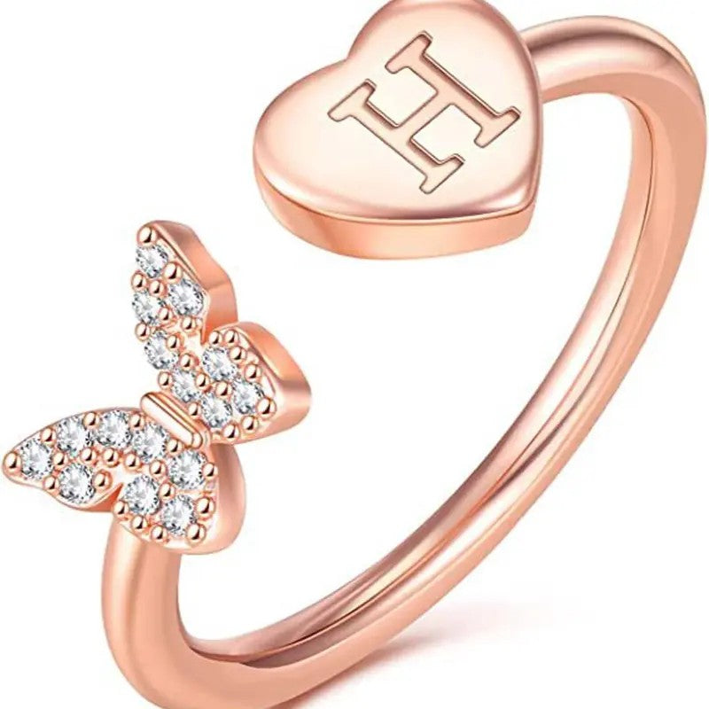 Dainty Adjustable Butterfly Heart Initial Ring