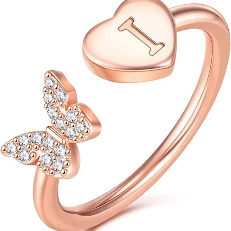 Dainty Adjustable Butterfly Heart Initial Ring