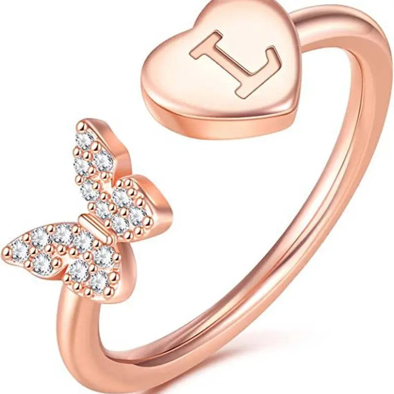 Dainty Adjustable Butterfly Heart Initial Ring