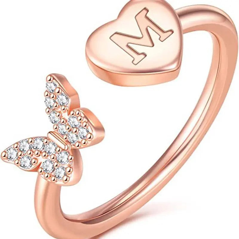 Dainty Adjustable Butterfly Heart Initial Ring