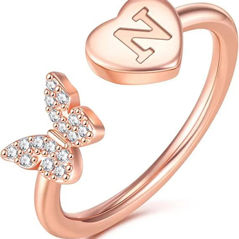 Dainty Adjustable Butterfly Heart Initial Ring