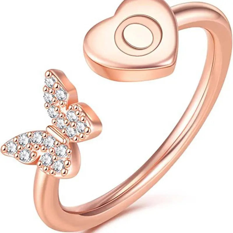 Dainty Adjustable Butterfly Heart Initial Ring