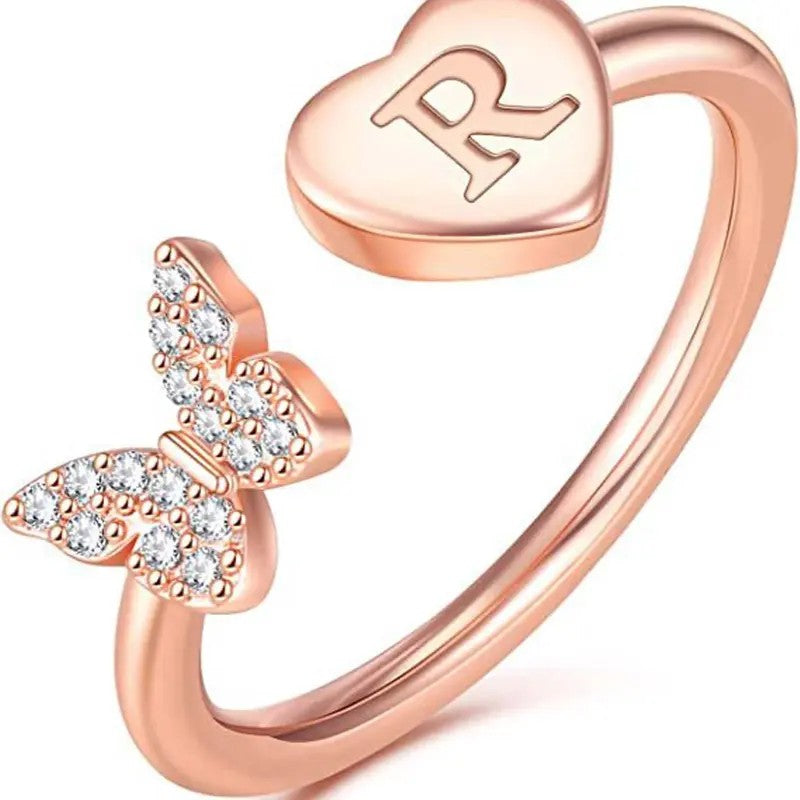 Dainty Adjustable Butterfly Heart Initial Ring