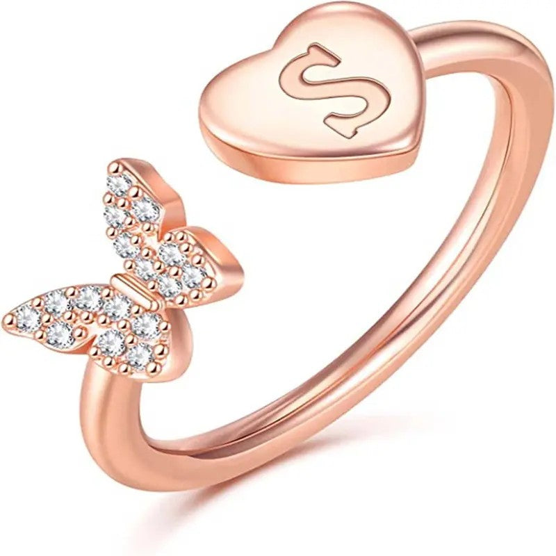 Dainty Adjustable Butterfly Heart Initial Ring