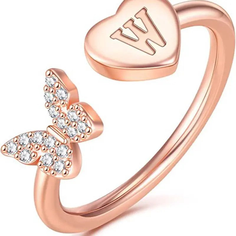 Dainty Adjustable Butterfly Heart Initial Ring