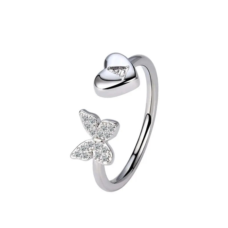 Dainty Adjustable Butterfly Heart Initial Ring