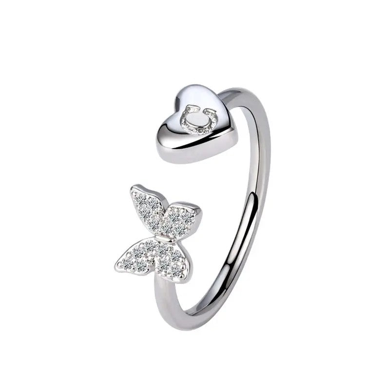 Dainty Adjustable Butterfly Heart Initial Ring