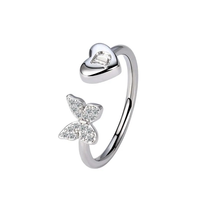 Dainty Adjustable Butterfly Heart Initial Ring