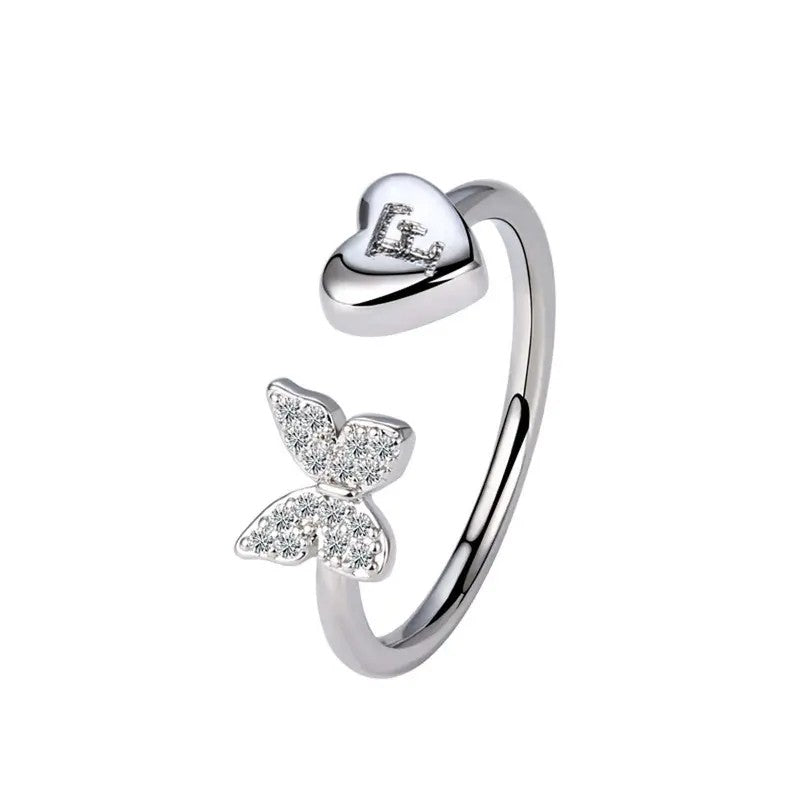 Dainty Adjustable Butterfly Heart Initial Ring