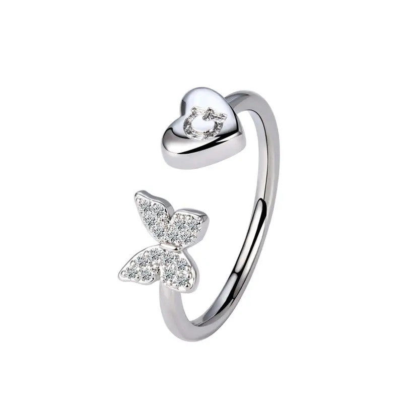 Dainty Adjustable Butterfly Heart Initial Ring