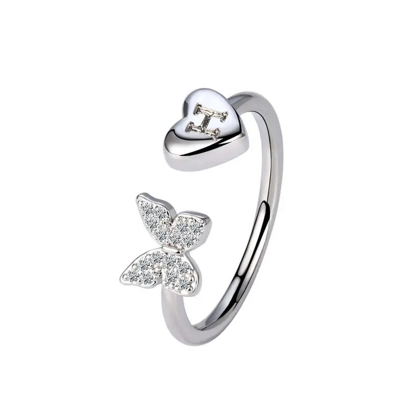 Dainty Adjustable Butterfly Heart Initial Ring