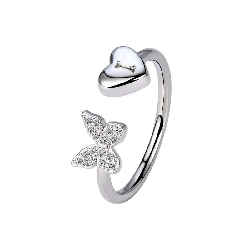 Dainty Adjustable Butterfly Heart Initial Ring