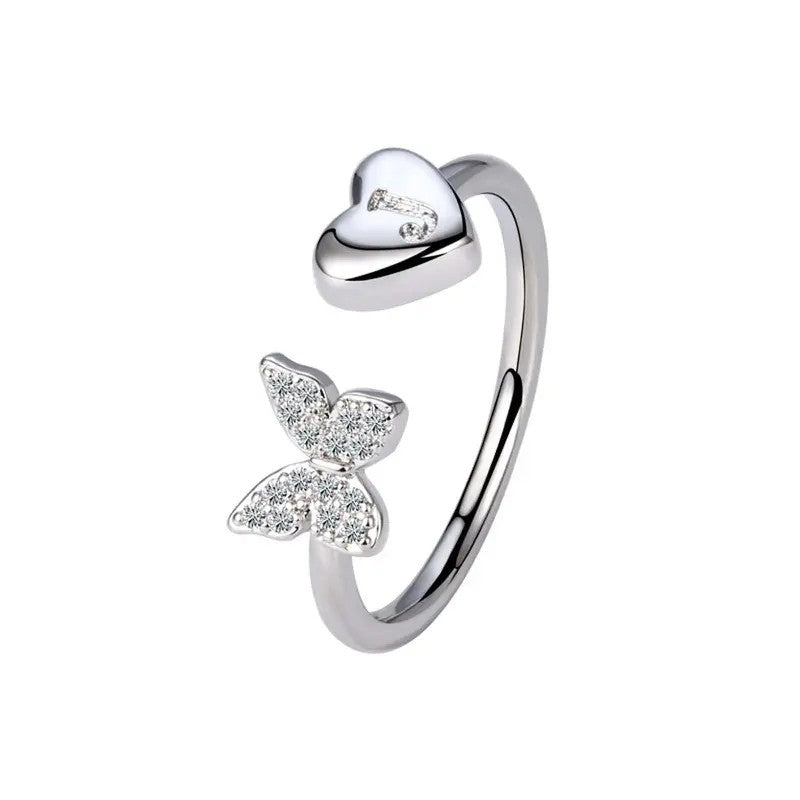 Dainty Adjustable Butterfly Heart Initial Ring
