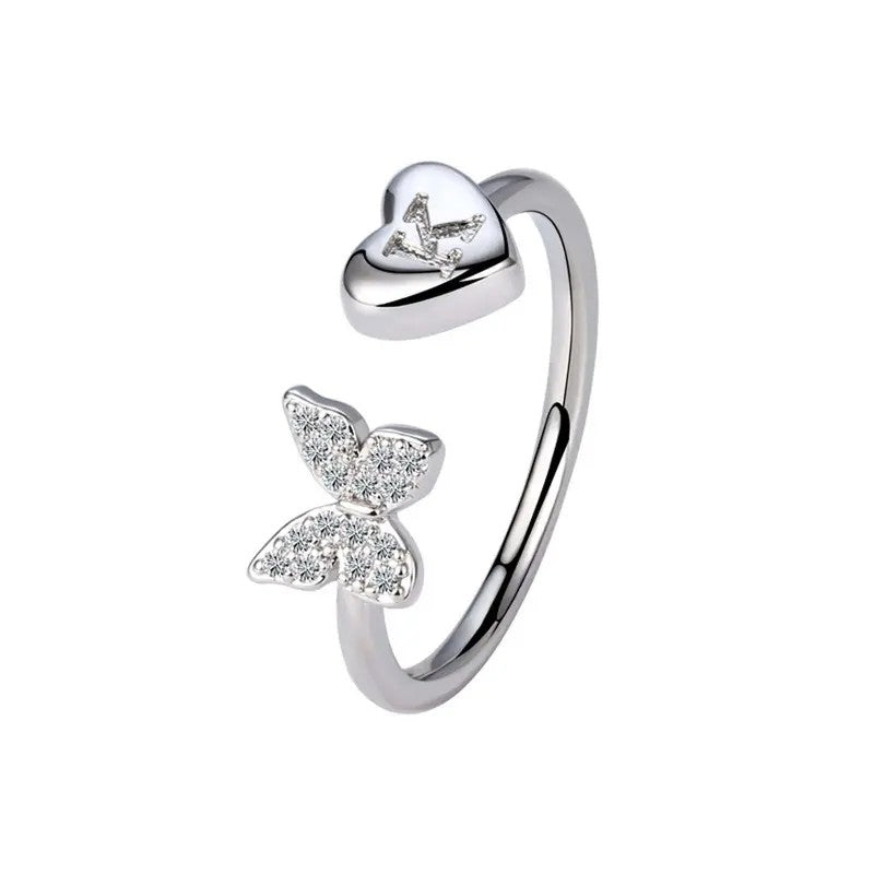 Dainty Adjustable Butterfly Heart Initial Ring